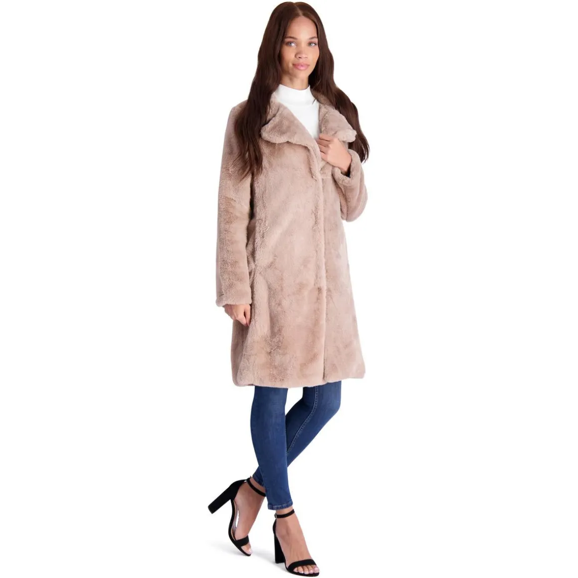 Mid-Length Faux Fur Coat with Notch Lapel
