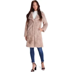 Mid-Length Faux Fur Coat with Notch Lapel