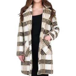 Notch Collar Plaid Print Faux Fur Mid-Length Coat