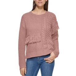 Open Stitch Fringe Crewneck Sweater
