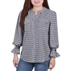 Petites Button Down Crew Neck Blouse