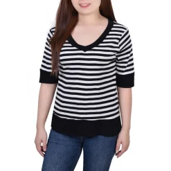 Petites Button Sleeves Cotton Pullover Top