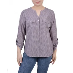 Petites Button-Front Long Sleeve Blouse