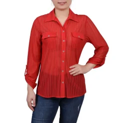 Petites Collared Adjustable Sleeve Button-Down Top
