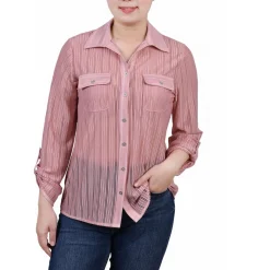 Petites Collared Adjustable Sleeve Button-Down Top
