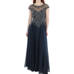 Petites Embellished Illusion Evening Dress