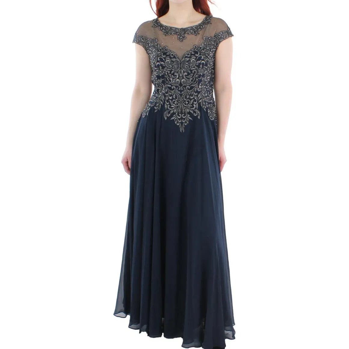 Petites Embellished Illusion Evening Dress