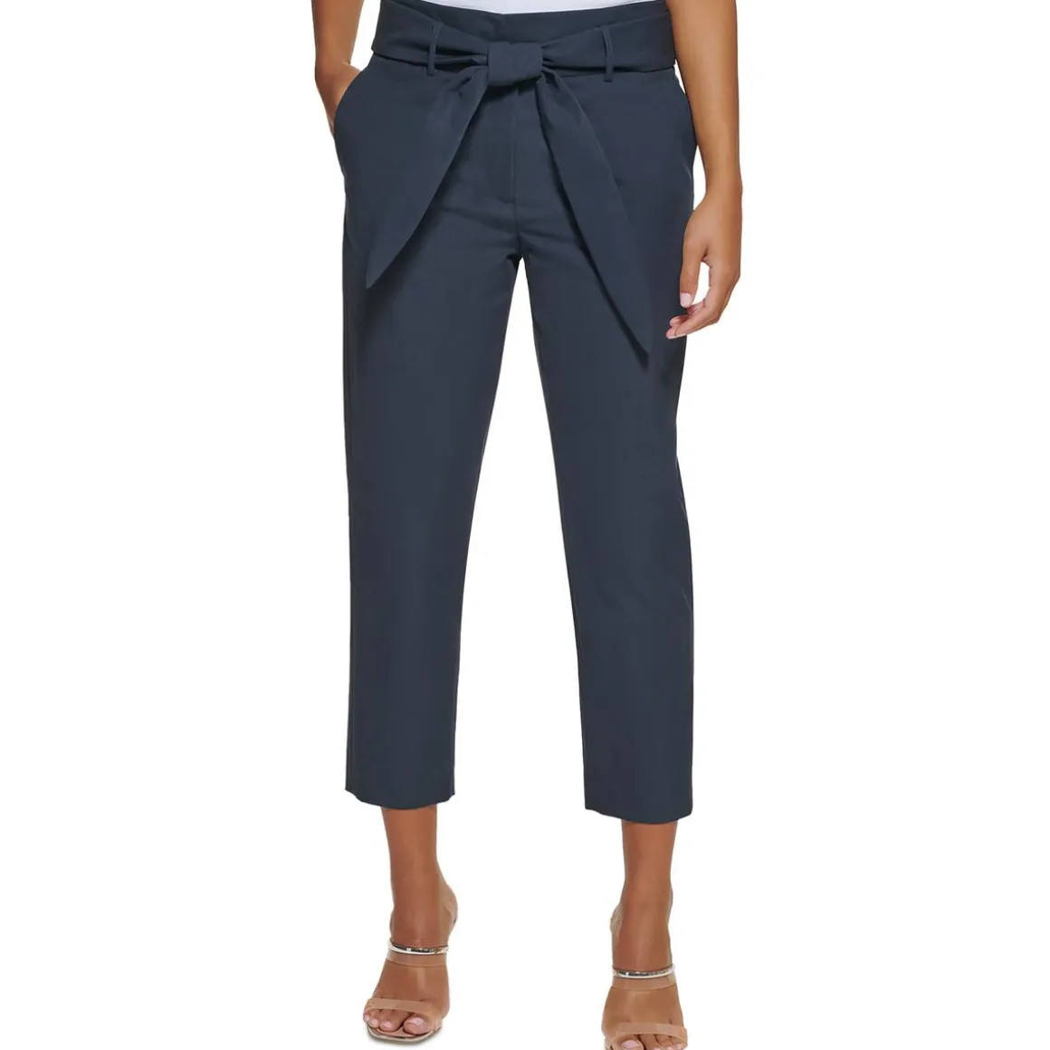 Petites Paper Bag Waist Casual Straight Leg Pants