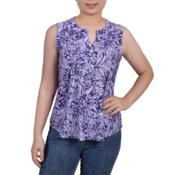 Petites Printed Y-Neck Blouse