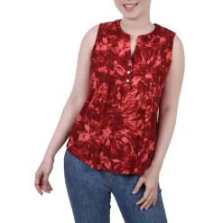 Petites Printed Y-Neck Blouse