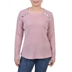 Petites Ribbed Button Detail Pullover Top