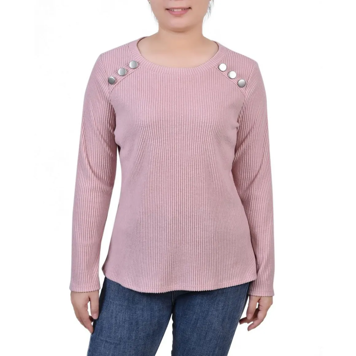 Petites Ribbed Button Detail Pullover Top