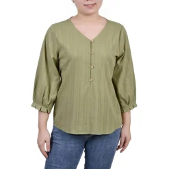 Petites Ribbed Long Sleeves Button-Down Top