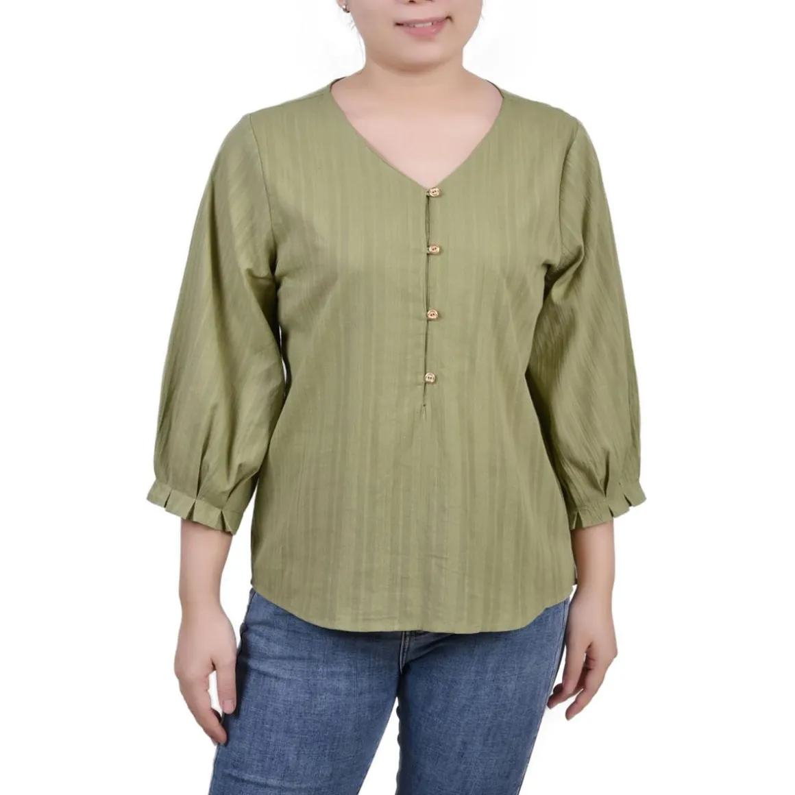 Petites Ribbed Long Sleeves Button-Down Top