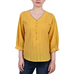 Petites Ribbed Long Sleeves Button-Down Top