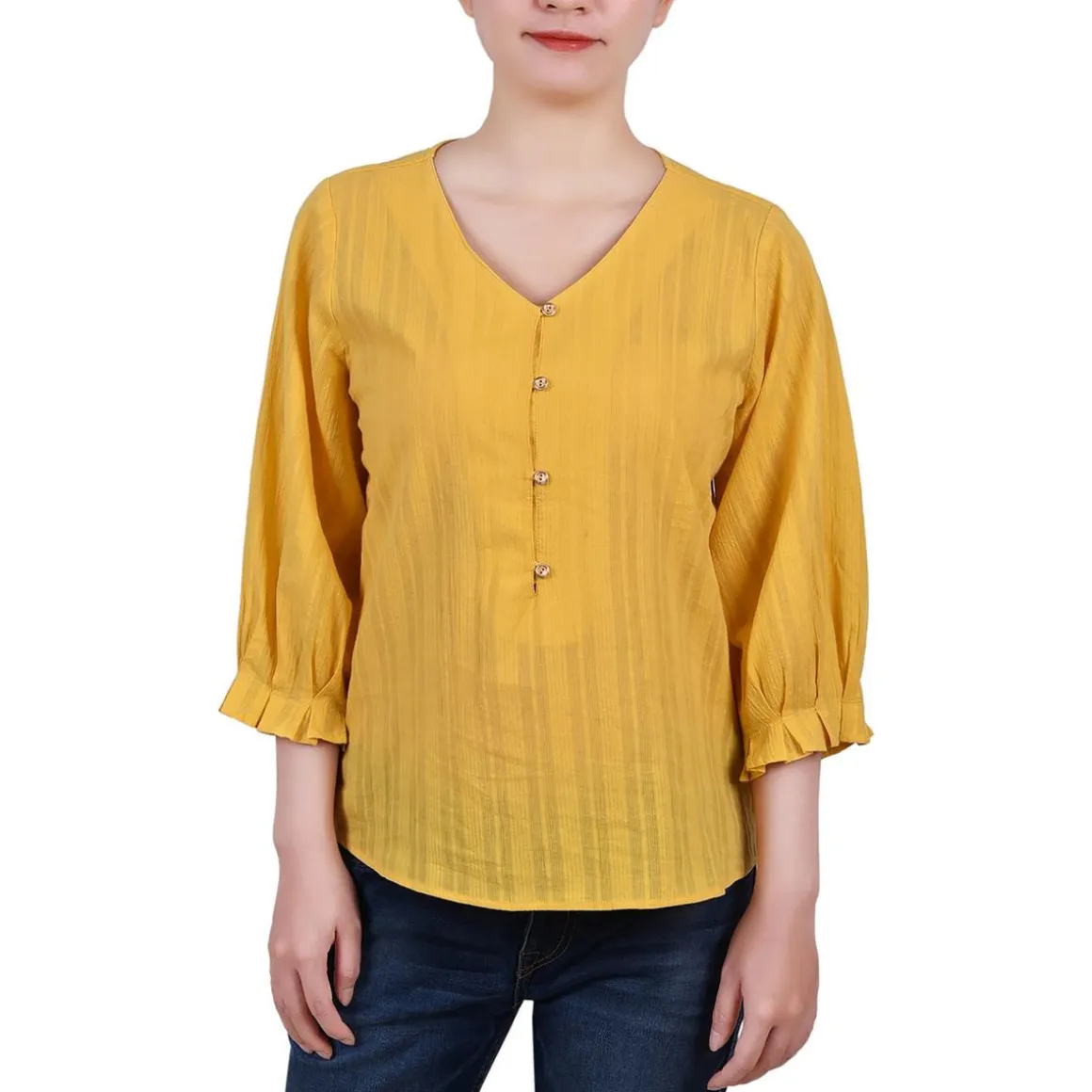 Petites Ribbed Long Sleeves Button-Down Top