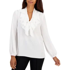 Petites Tie-Neck Long Sleeve Blouse