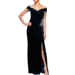 Petites Velvet Embroidered Evening Dress