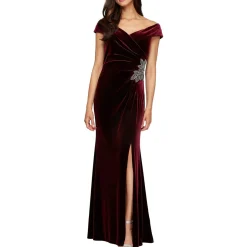 Petites Velvet Embroidered Evening Dress