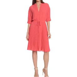 Pleated V-Neck Shift Dress