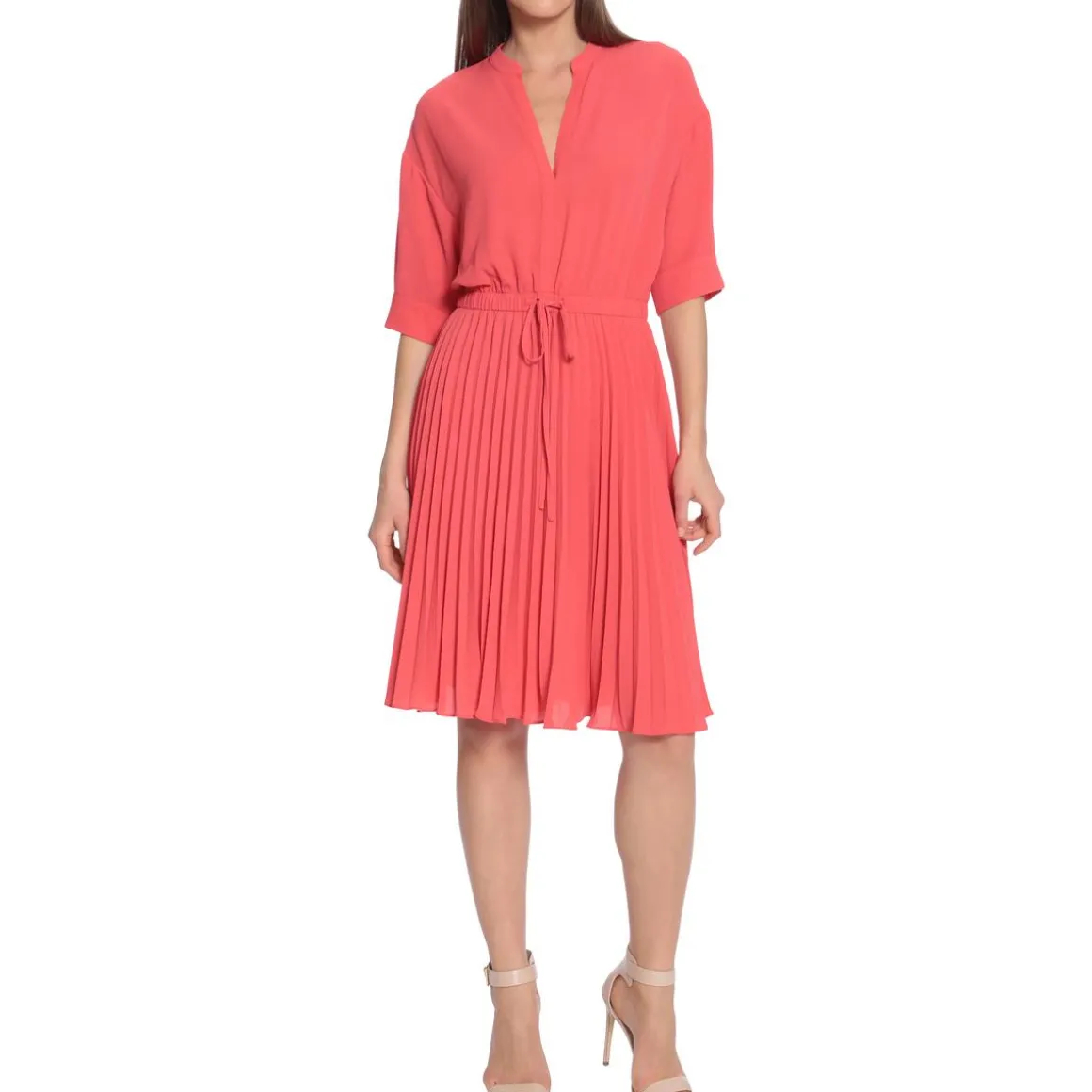 Pleated V-Neck Shift Dress