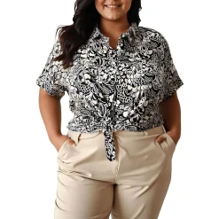 Plus Camp Shirt Printed Knit Button-Down Top