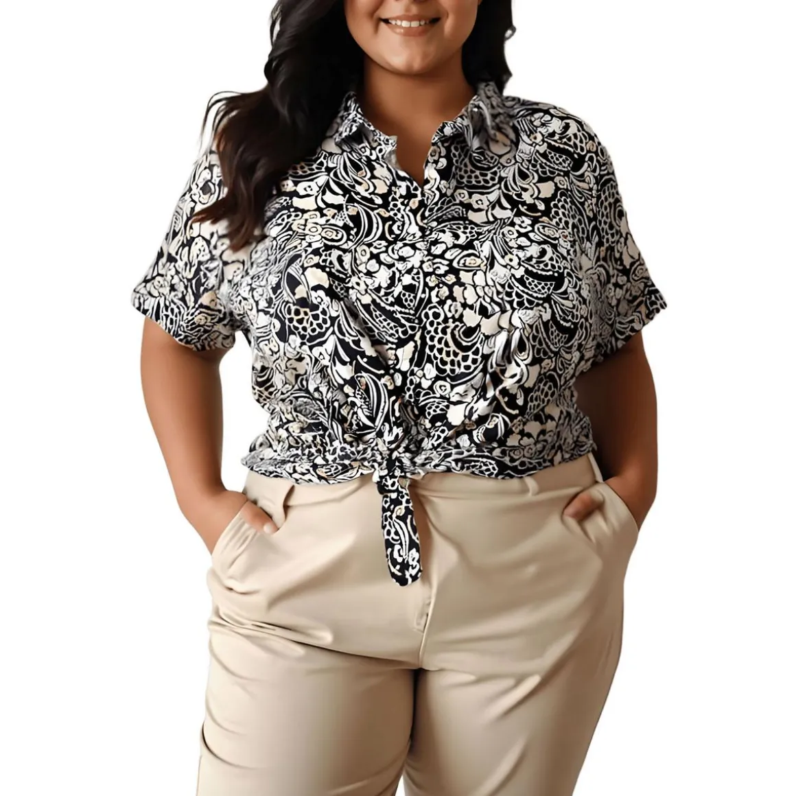 Plus Camp Shirt Printed Knit Button-Down Top