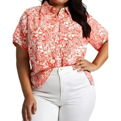 Plus Camp Shirt Printed Knit Button-Down Top