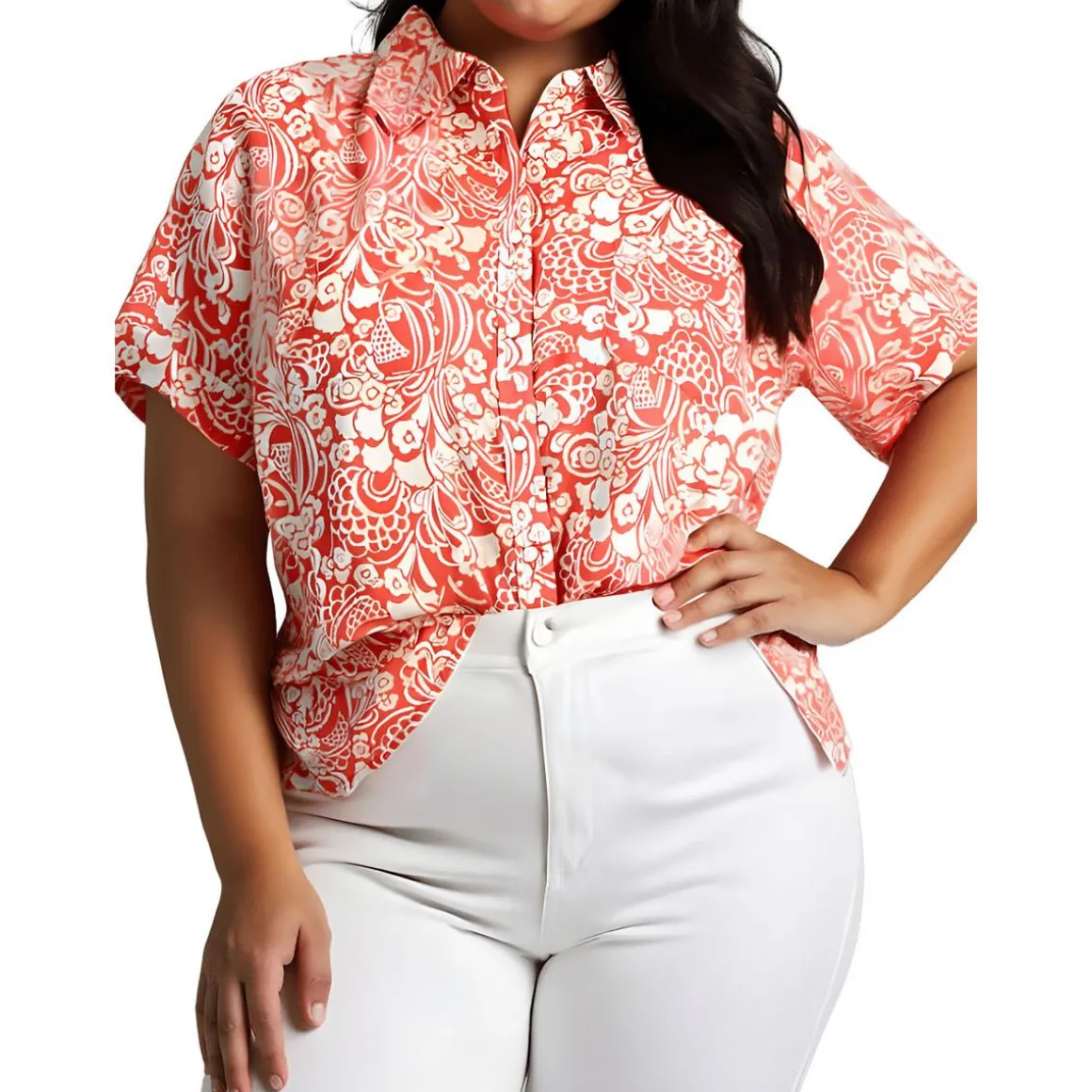 Plus Camp Shirt Printed Knit Button-Down Top