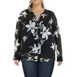 Plus Chiffon Sheer Button-Down Top
