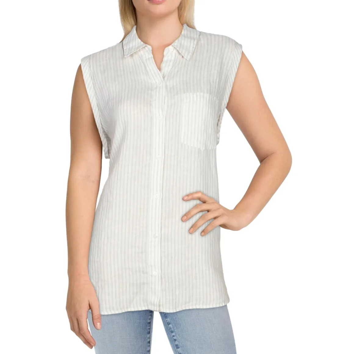 Plus Collared Sleeveless Button-Down Top