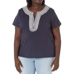 Plus Embroidered Slub Knit Pullover Top