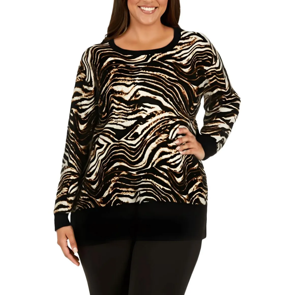 Plus Long Sleeve Animal Sleeve Crewneck Sweater