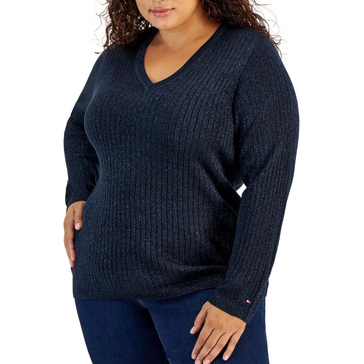 Plus Metallic V-Neck Pullover Sweater