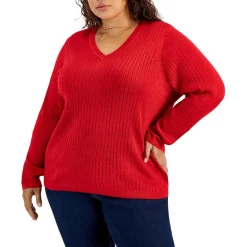 Plus Metallic V-Neck Pullover Sweater