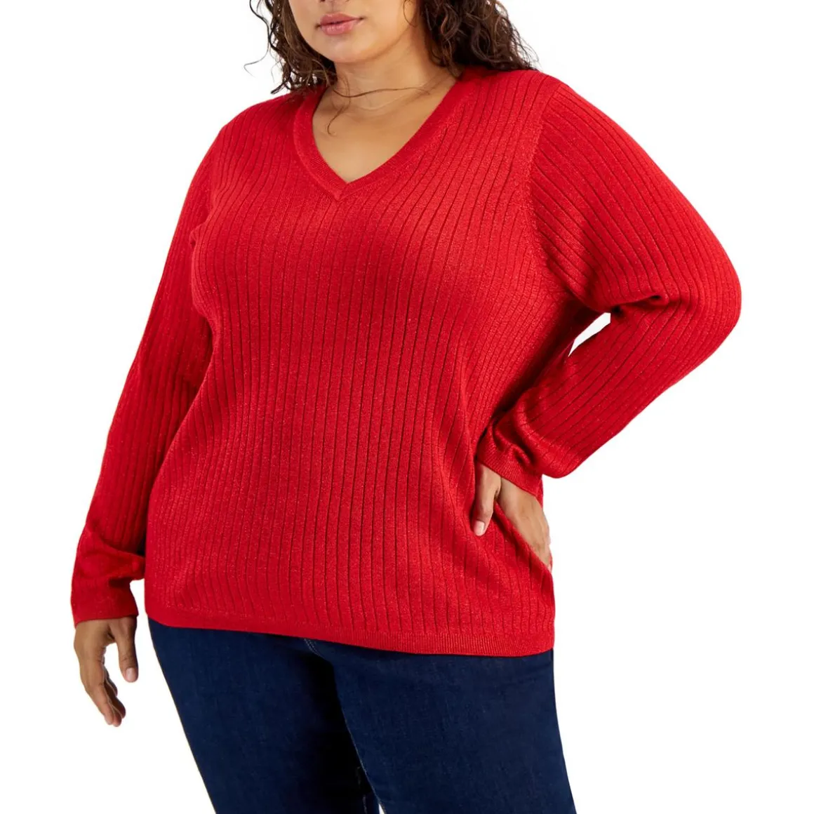 Plus Metallic V-Neck Pullover Sweater