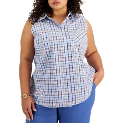 Plus Plaid Sleeveless Button-Down Top