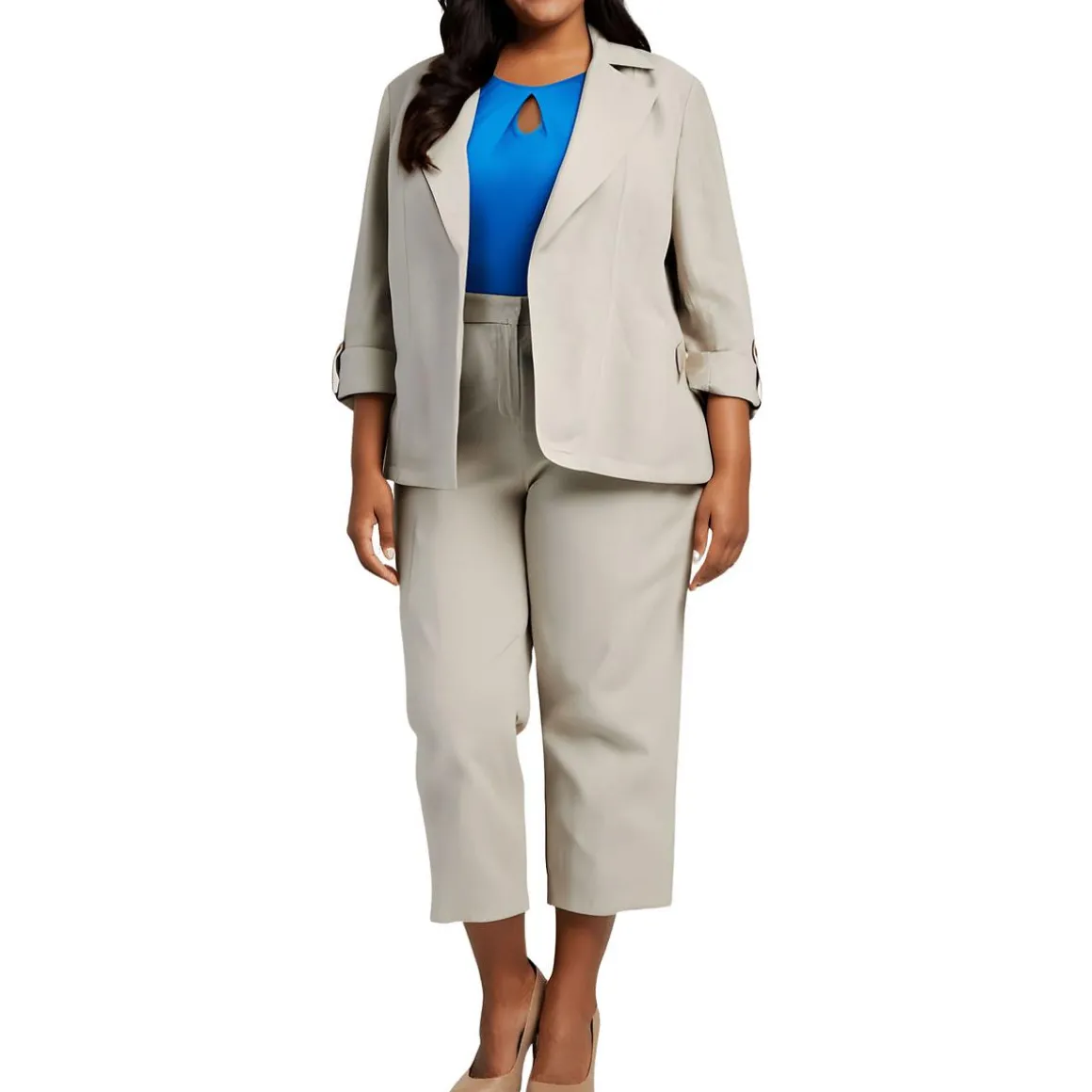 Plus Pocket Linen Open-Front Blazer