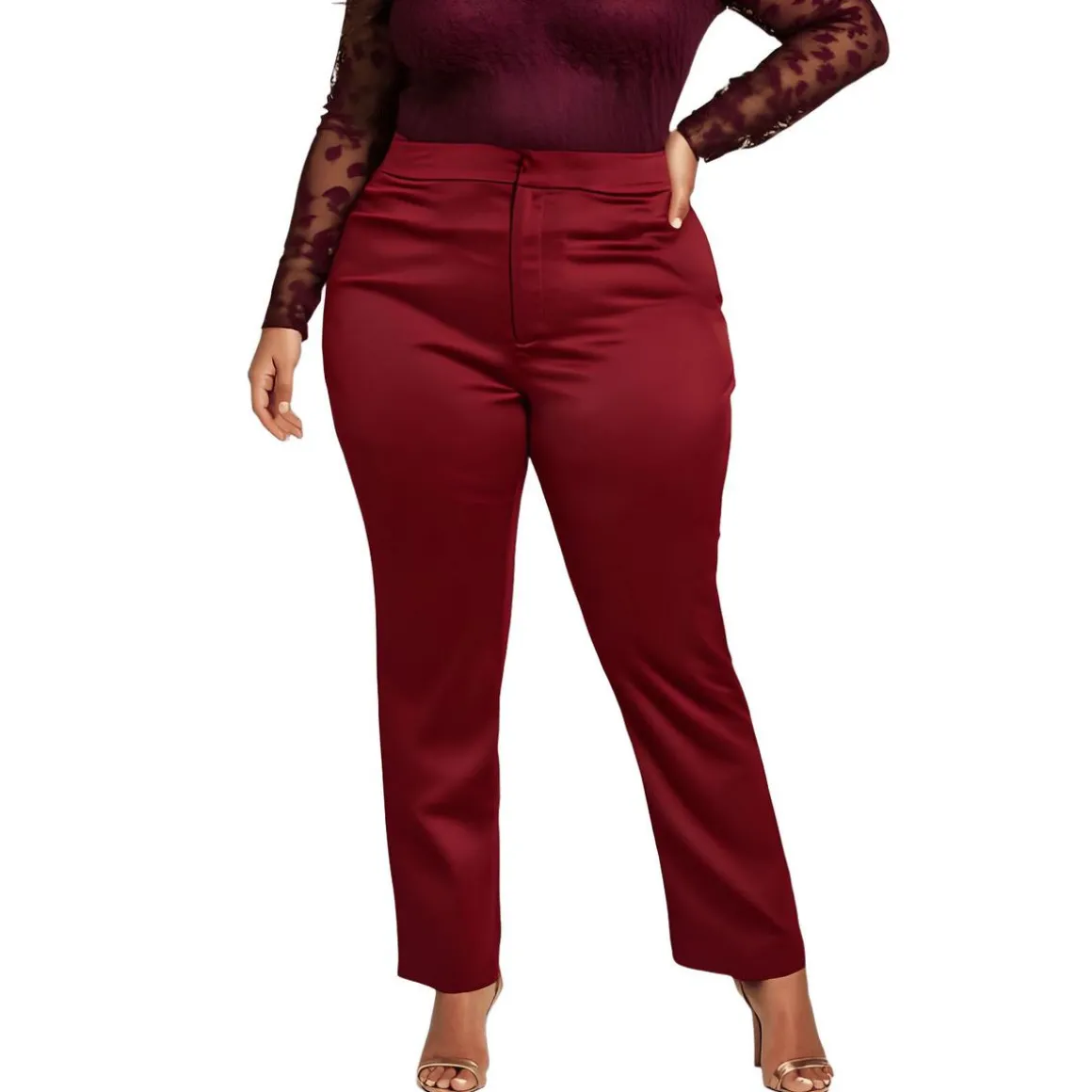 Plus Satin High Rise Straight Leg Pants