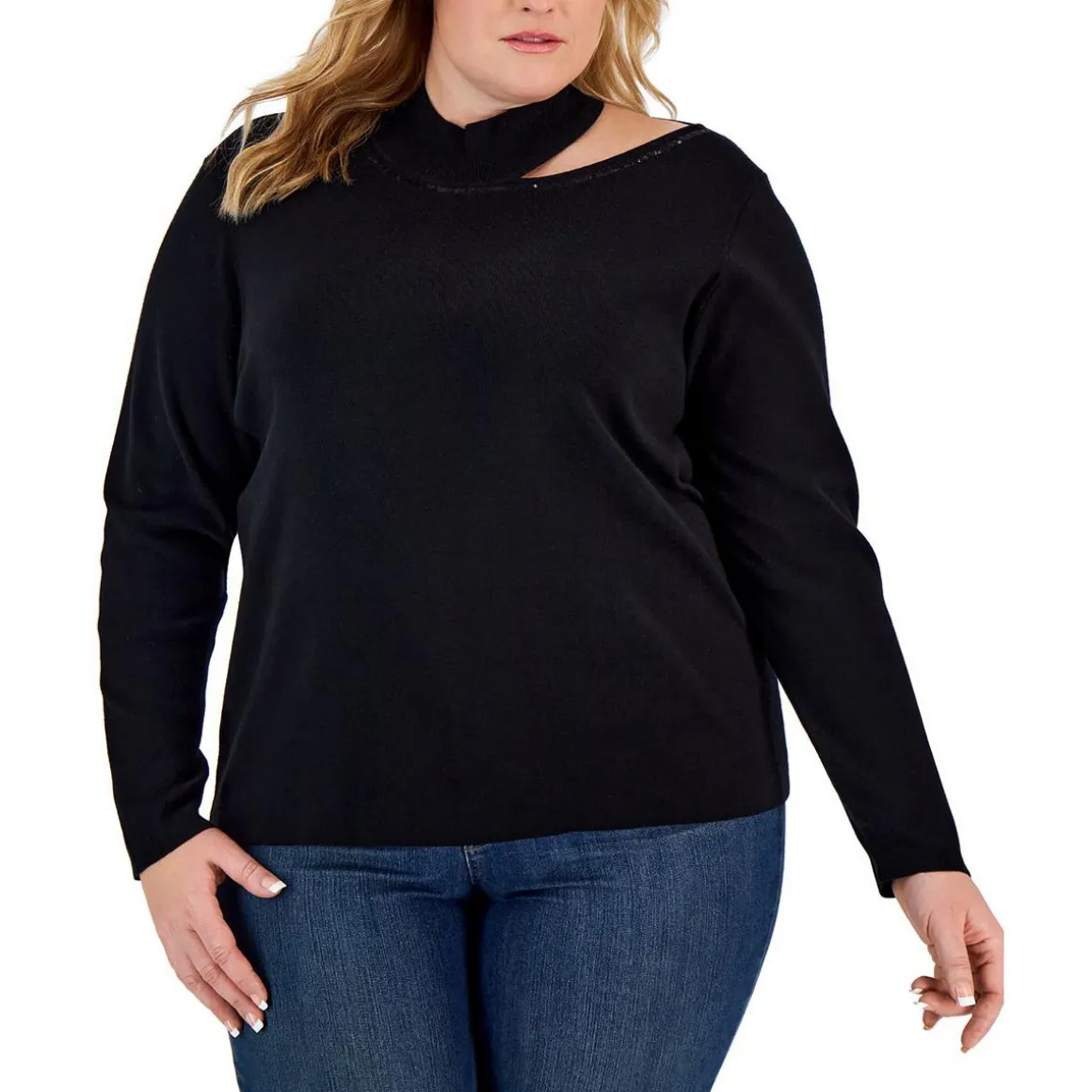 Plus Sequined Mock Neck Pullover Sweater