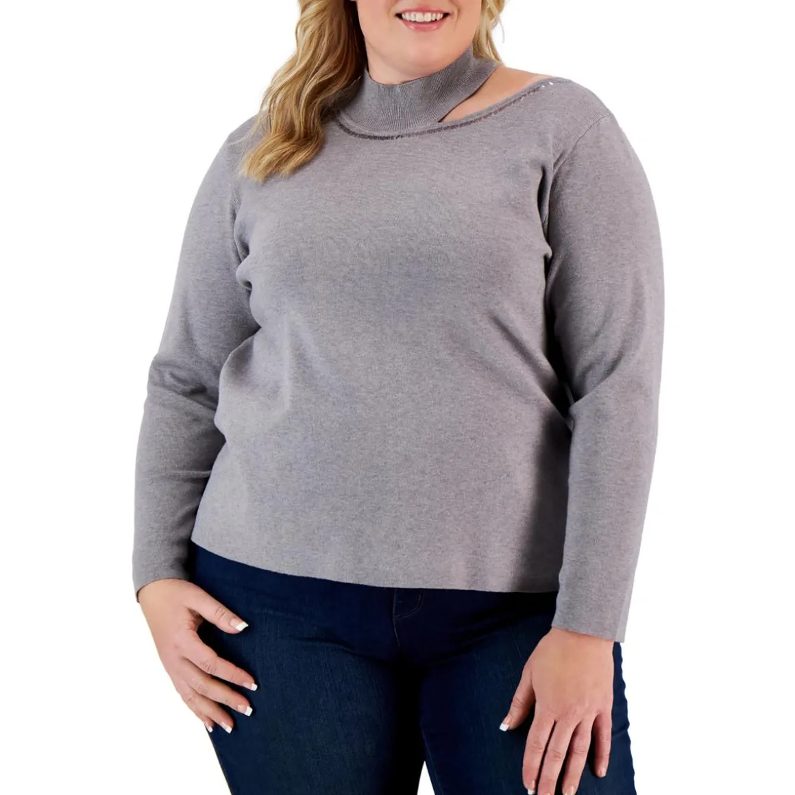 Plus Sequined Mock Neck Pullover Sweater