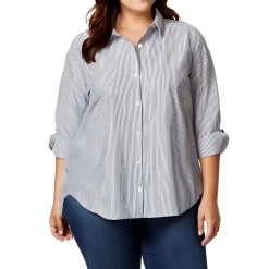 Plus Striped Cotton Button-Down Top