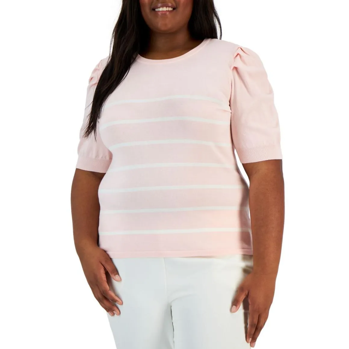 Plus Striped Puff Sleeves Pullover Top