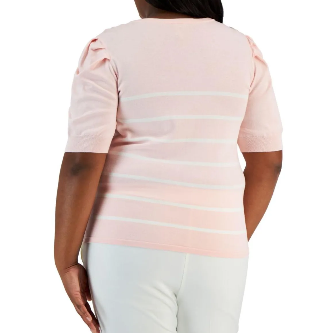 Plus Striped Puff Sleeves Pullover Top