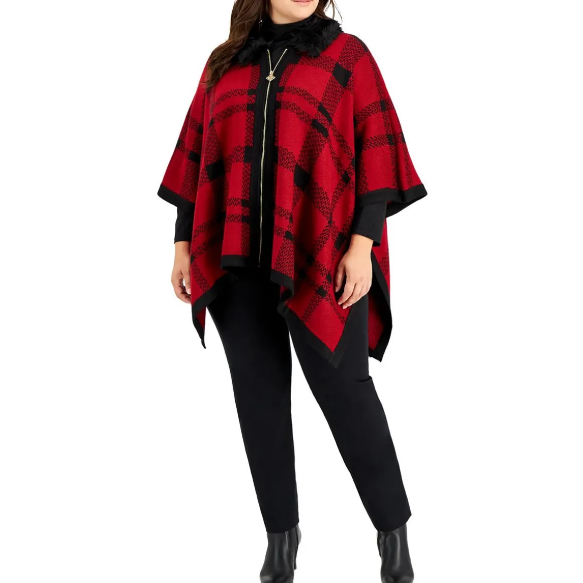 Plus Trimmed Zip Fall Poncho Sweater