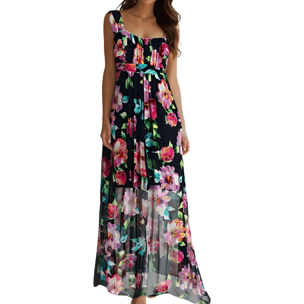Printed Mesh Maxi Dress