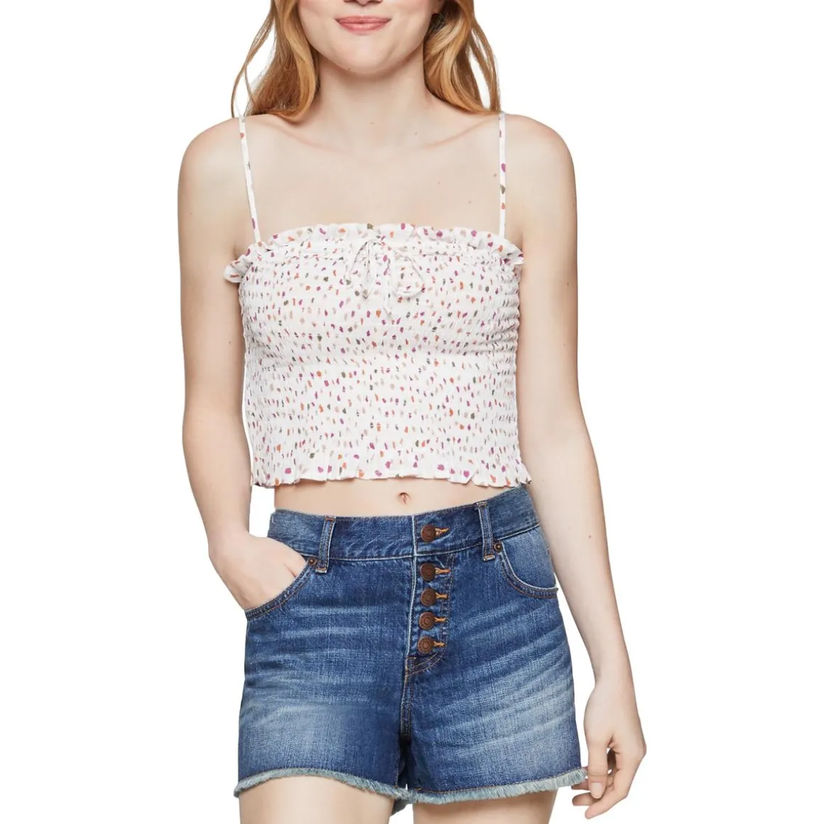 Printed Ruffle Trim Smocked Crop Top
