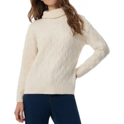 Ribbed Trim Cable Knit Turtleneck Sweater