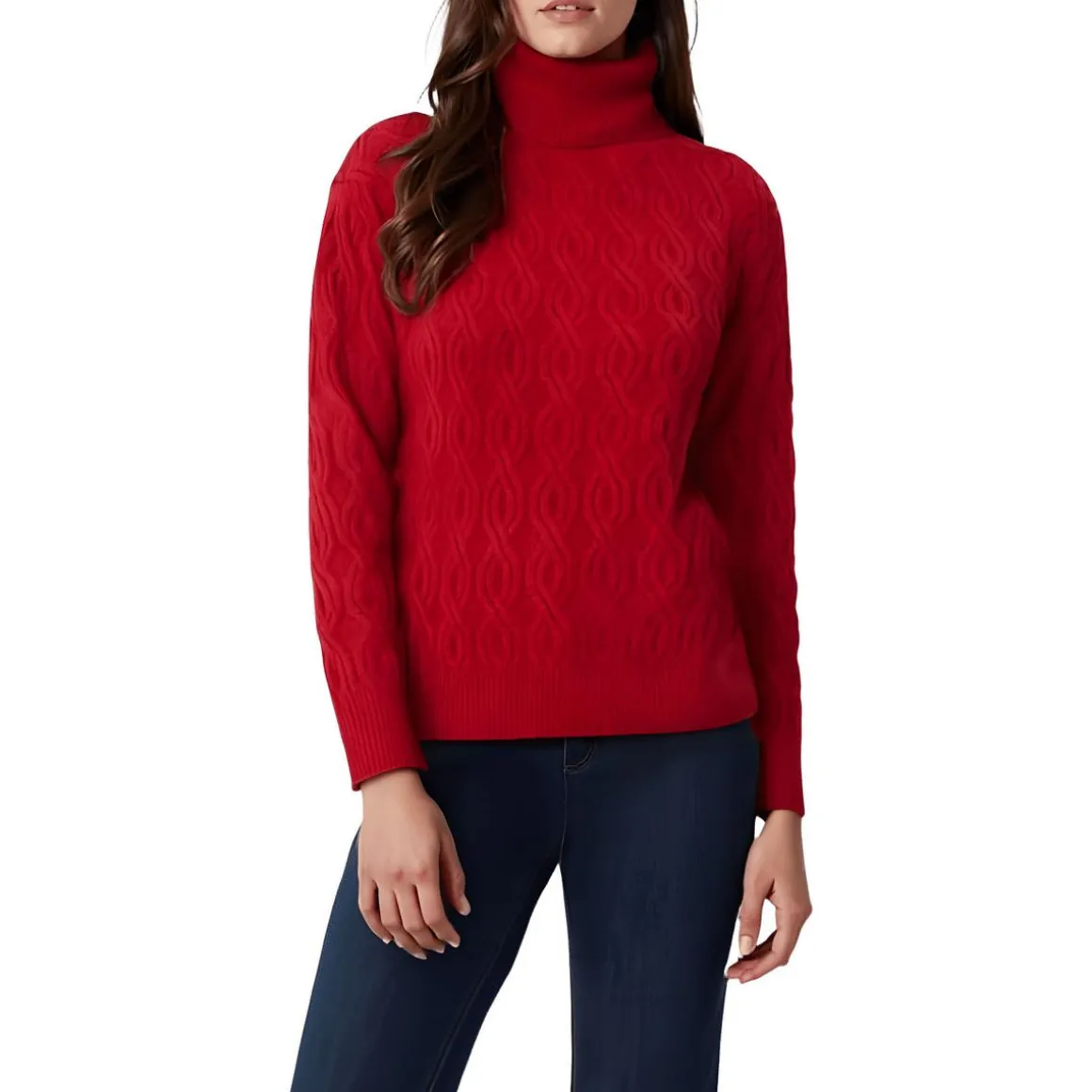 Ribbed Trim Cable Knit Turtleneck Sweater