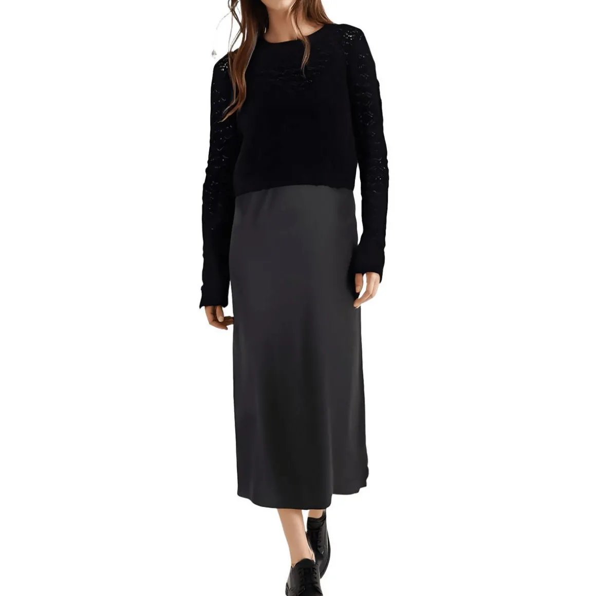 Ribbed Trim Pointelle Two Piece Dress